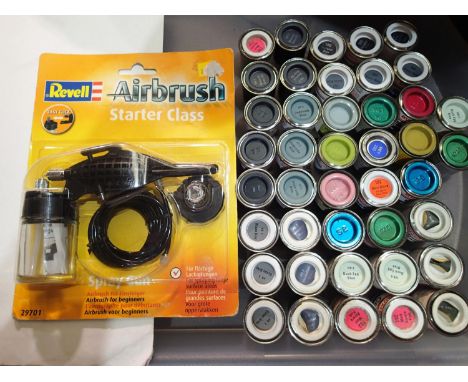 Revell Airbrush kit, new/sealed in packet, plus selection of forty two tinlets of paint, mostly Humbrol, new/unused. UK P&amp