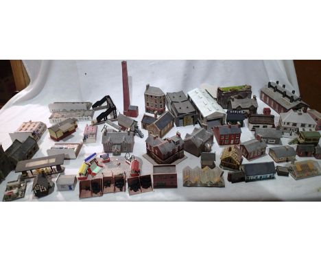 Selection of N gauge card built buildings, houses, church, greenhouses, shops etc, mostly well built, ex layout. UK P&amp;P G