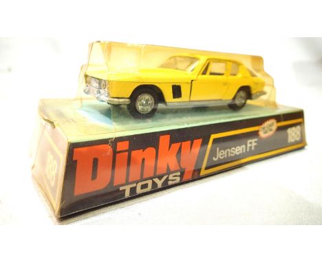 Dinky toys 188, Jenson Interceptor FF in fair to good condition, some discolouring, chip, damage to windscreen, box base is v