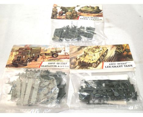 Three vintage Airfix bagged military kits, Bren carrier, Lee Grant tank, Matador and gun, appear complete/unchecked. UK P&amp