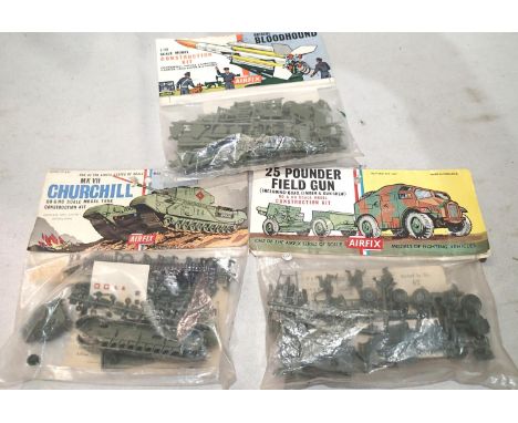 Three vintage Airfix bagged military kits, Bristol Bloodhound missile, Churchill tank, 25 pounder and quad, appear complete/u