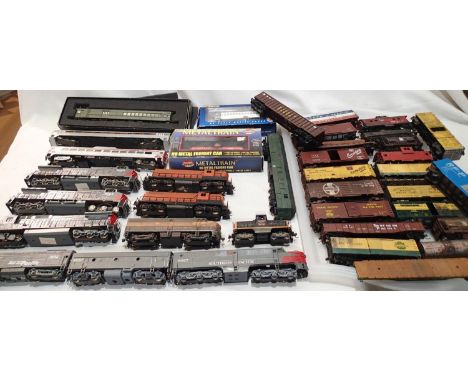 Selection of HO/OO scale American Outline including ten locomotives and twenty wagons, mostly in fair to good condition, unbo