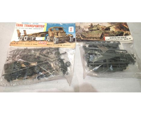 Two vintage Airfix bagged military kits, Scammell tank transporter and Centurion MK8 tank, appear complete/unchecked. UK P&am