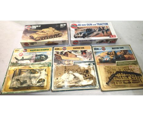 Five 1/72 scale Airfix military related kits 88mm gun and tractor, Panzer tank, Matilda tank, Panther tank and MBB 105c helic