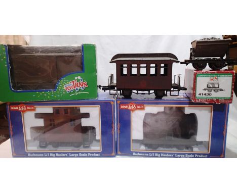 Selection of G scale rolling stock comprising Bachmann , caboose, tanker and coach, unboxed. Plus Lehmann/LGB box van and tip