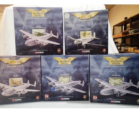 Five Aviation Archives Corgi aircrafts to include three AVRO York, AVRO Lancastrian and Douglas C-47A sky train, in good cond