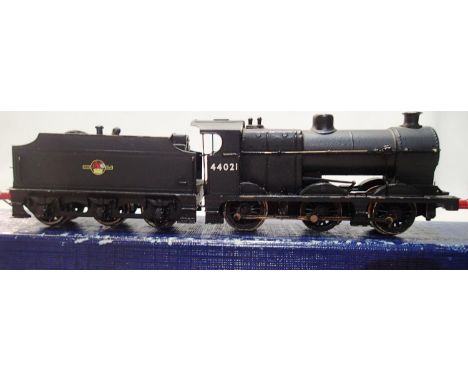 TT gauge kit built class 4F locomotive and tender, 44021, Black, Late Crest, one cab side and four missing, cab side decal 4,