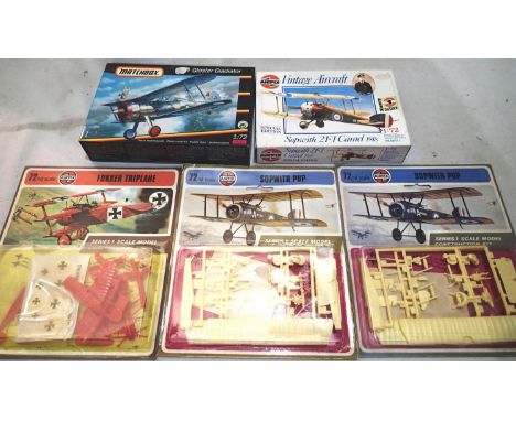 Five 1/72 scale aircraft kits to include Airfix Fokker tri plane, Sopwith Pup, Sopwith camel and Matchbox Gloster Gladiator, 