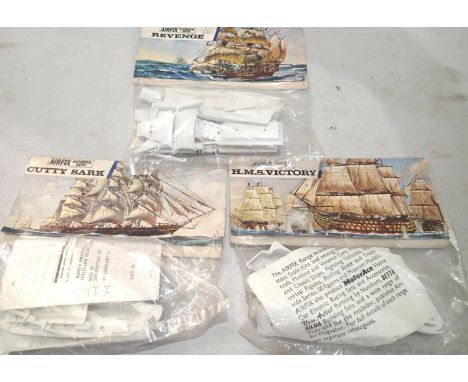 Three vintage Airfix bagged ship kits, Revenge, Cutty Sark, HMS Victory, appear complete/unchecked. UK P&amp;P Group 1 (£16+V