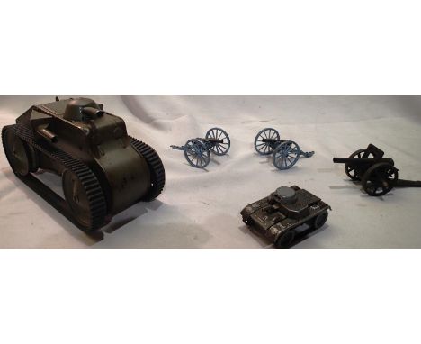 Large clockwork Triang tank, been repaired/refurbished plus other clockwork tank and three diecast guns. UK P&amp;P Group 1 (