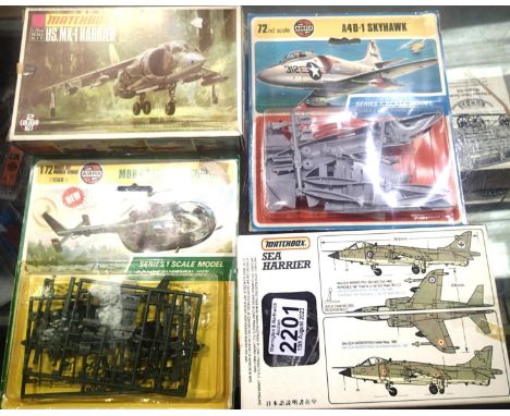 Four 1/72 scale kits to include Airfix Skyhawk and MBB 105c helicopter, Matchbox Sea Harrier and MK1 Harrier, all appear comp