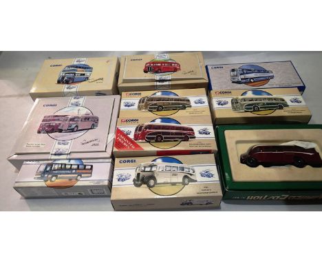 Ten Corgi classic buses and coaches mostly in very good to excellent condition, wear to boxes. UK P&amp;P Group 1 (£16+VAT fo