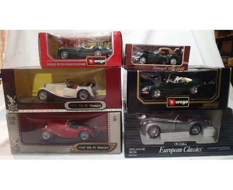 Four 1/18 scale diecast comprising two MG TC Midget, Jaguar XK120, Jaguar E type, plus two 1/24 scale Jaguar XK120 and Triump