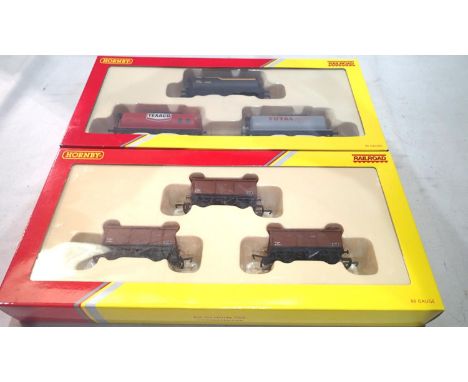 OO scale Hornby R6473 triple mineral wagon pack and R6366 triple fuel tanker pack, in excellent to near mint condition. UK P&