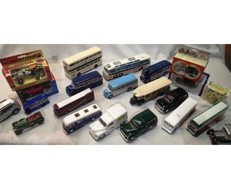 Selection of twenty two assorted Diecast vehicles, mostly unboxed, includes buses, coaches, racing car, motorcycle etc, mostl