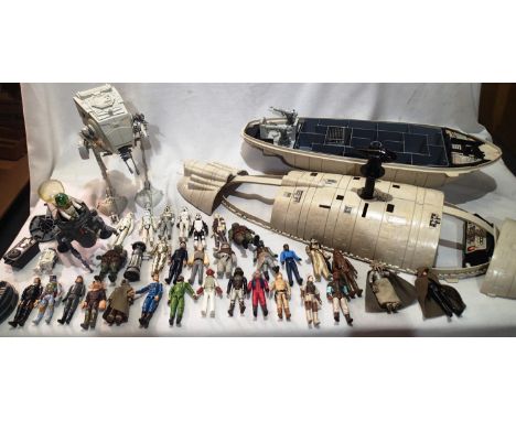 Star Wars vintage ships and figures including Rebel transport ship, AT-ST Scout walker, also thirty four assorted figures etc
