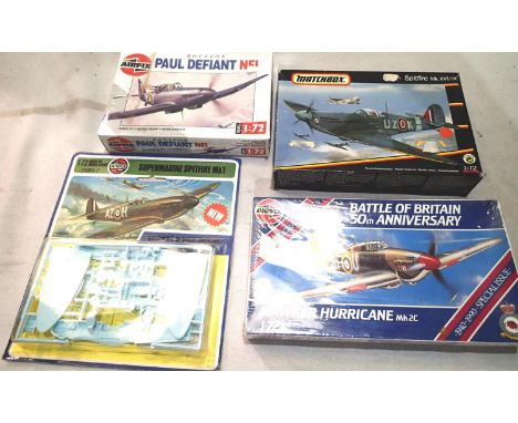 Four 1/72 scale aircraft kits to include Airfix Hurricane, Spitfire MK1, Boulton Paul defiant and Matchbox Spitfire MK XVI/IX