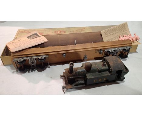 O gauge tinplate 0.4.2 tank body, GWR Green, for clockwork mech, plus part built C.C.W wooden coach with white metal bodies. 