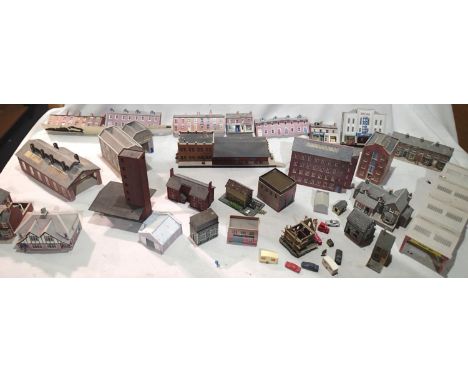 Selection of N gauge card built buildings, houses, factories, bus station, cinema etc, mostly well built, ex layout. UK P&amp