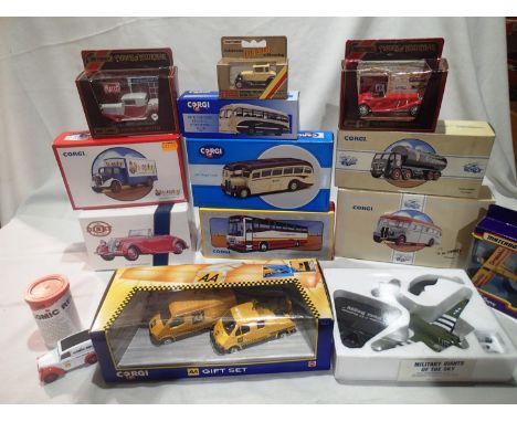 Fourteen assorted die cast including four Corgi buses, two commercials, AA gift set, Dinky DY Triumph dolomite, four Matchbox