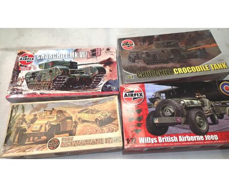 Four 1/72 scale Airfix military related kits to include Willys Jeep, Churchill crocodile tank, German reconnaissance set and 