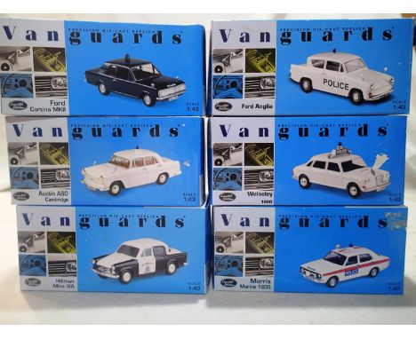 Six Vanguards 1/43 scale police cars, Cortina, Anglia, Wolseley, Marina, Minx and Cambridge, in excellent to near mint condit