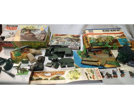 Selection of military related toys comprising Action Man, machine gun emplacement, Airfix coastal defence, Timpo beach head s