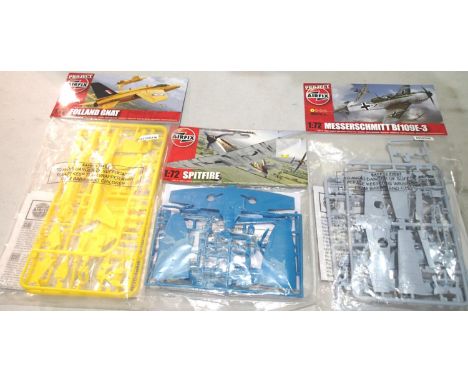 Three bagged Airfix aircraft kits, Spitfire, ME BF109, Folland Gnat, appear complete/unchecked. UK P&amp;P Group 1 (£16+VAT f