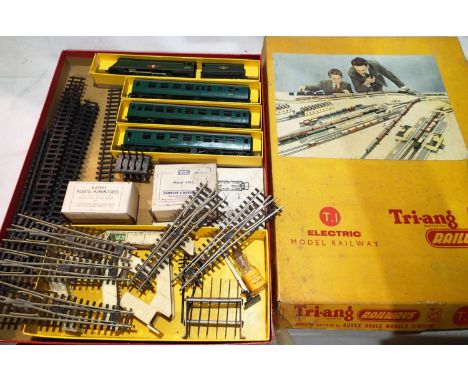 TT gauge Triang TT set box T1 containing Clan Line and three green coaches in excellent condition, also track, points, figure