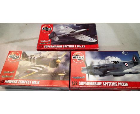 Three 1/72 scale Airfix kits to include Spitfire MK22, Spitfire PR XIX and Hawker Tempest, appear complete/unchecked. UK P&am