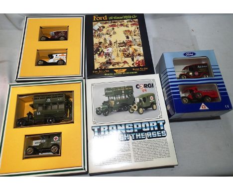 Three new boxed corgi sets comprising C90 two Ford vans, C88 military bus and ambulance, D71/1 four Ford vans/tankers, N.O.S 
