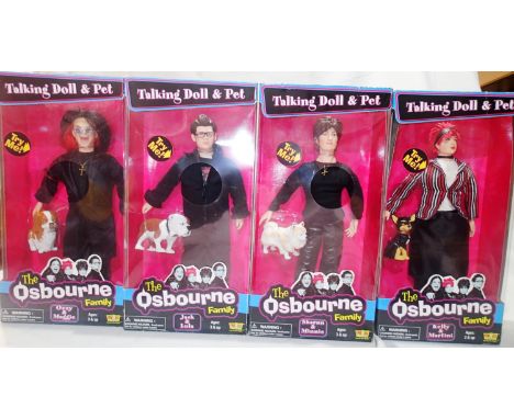 Set of four The Osborne Family talking dolls, approximate H: 30 cm, comprises Ozzy and Maggie dog, Sharon and Minnie dog, Jac
