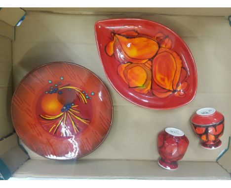 Poole pottery teardrop shaped plate / charger together with two small Poole vases (1 with chip to rim) &amp; an Alan Clarke S