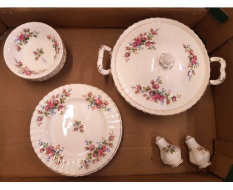 Royal Albert Moss Rose pattern dinnerware items to include a lidded tureen, 6 salad plates, 6 fruit saucers and salt and pepp