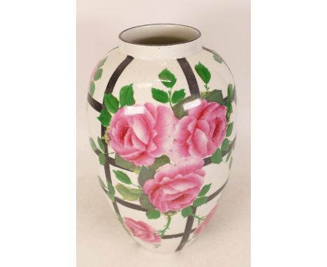 Carltonware Wiltshaw &amp; Robinson Roses Pattern Vase with Black Strip Decoration. Height: 25cm 