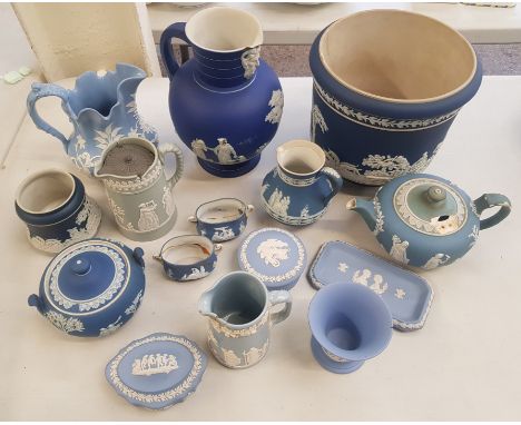 A collection of damaged Wedgwood jasperware and dip jasperware to include a large planter, jugs, lidded boxes etc, 15 pieces.