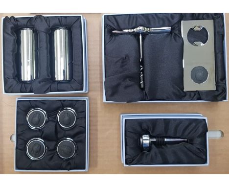Wedgwood Chrome/Black Jasperware Bottle Opener and corkscrew set, together with matching salt and pepper set, name card place
