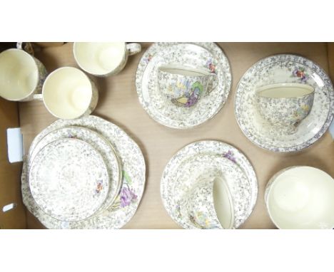 Empire floral gilt part tea set to include 6 cups, 5 saucers, 6 side plates, cake plate and sugar bowl ( 1 tray) 