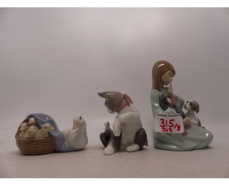 Three Lladro Figures to include Girl with Cat and Dog, Cat with Mouse and Goose with Goslings (3) 