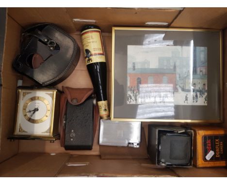 A mixed collection of items to include vintage cameras, Metamec quartz clock, group of 3 small framed Lowry prints etc (1 tra