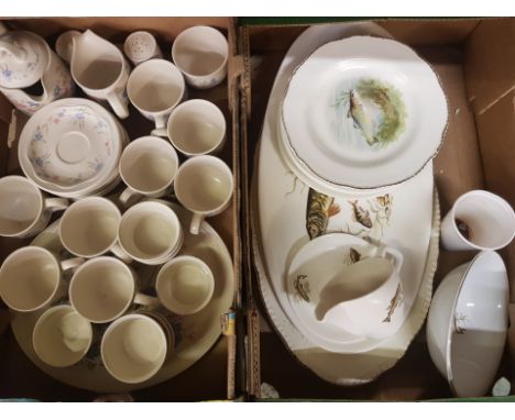 A collection of fish dinnerware from Crown Derby, Woods Ivory Ware, etc together with Poole pottery Springtime tea and dinner