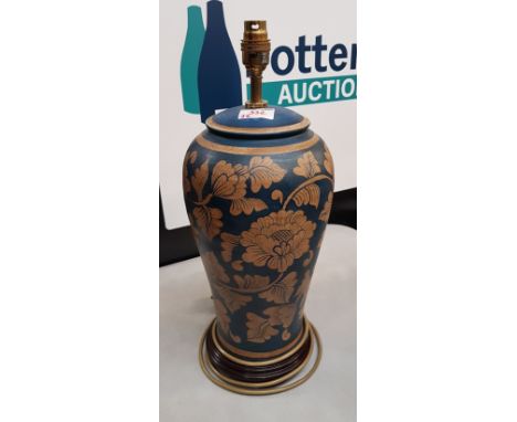 A Modern Ceramic Lamp with Painted Blue Leaf Patterns. Height to fitting: 46cm 