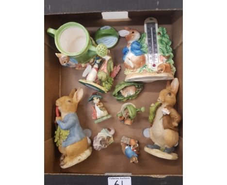 Border Fine Art / Beatrix Potter resin figures 'Peter Rabbit eating radishes' together with Benjamin Bunny watering can pot &