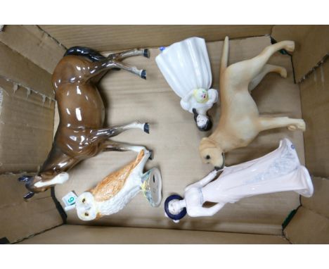 A Collection of Five Figures to include Beswick Owl, Coalport Chantilly Lace Romance, Royal Doulton Mandy HN2476, Resin Labra