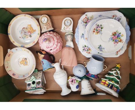 A mixed collection of items to include a Nao figure of a girl, 2 miniature Aynsley clocks, Disney lidded pot, Shelley tea war
