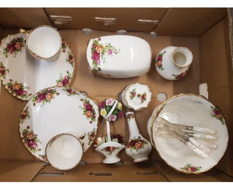 Royal Albert Old Country Roses pattern items to include a planter, vases, 2 x tennis cup and saucer sets, Dorothy box etc (1 
