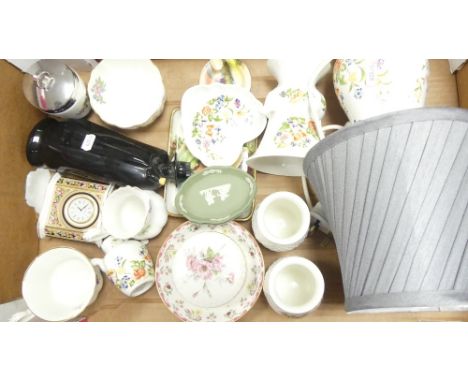 A mixed collection of items to include Aynsley Cottage Garden lamp base and vases, Wedgwood Cleo mantle clock, Wedgwood Jaspe