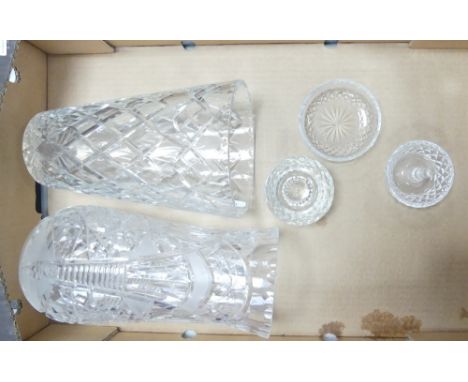 Five Crystal Glass Items to include Two Large Vases, Ring Tree Dish, and two small Trinket Dishes. (1 Tray) 