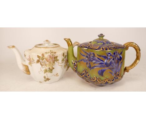 Carltonware Wiltshaw &amp; Robinson Ivory Blushware Iris Pattern Teapot on Green Ground together with a Hector Pattern Teapot