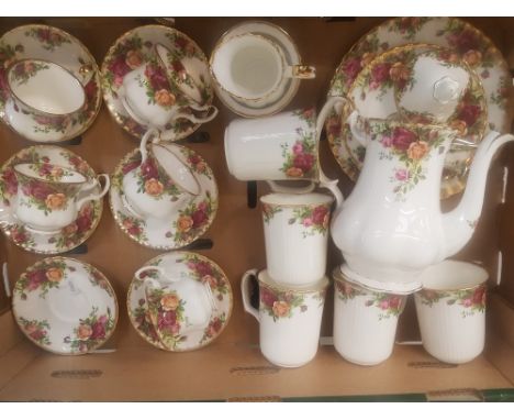 Royal Albert Old Country Roses pattern items to include coffee pot, 2 tier cake stand, 6 coffee saucers, 5 coffee cups, 5 x m